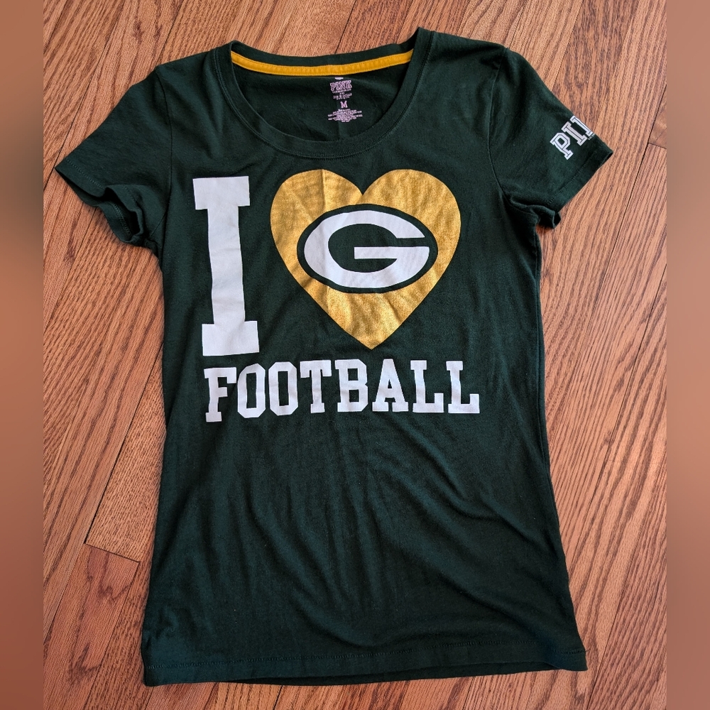 PINK Victoria's Secret Green and Gold Tee